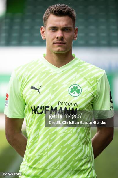 Leon Schaffran of SpVgg Greuther Fürth poses during the team presentation at Sportpark Ronhof Thomas Sommer on July 04, 2023 in Fuerth, Germany.