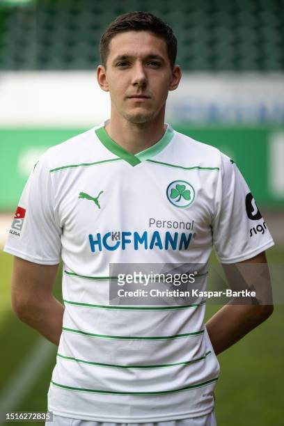 Damian Michalski of SpVgg Greuther Fürth poses during the team presentation at Sportpark Ronhof Thomas Sommer on July 04, 2023 in Fuerth, Germany.