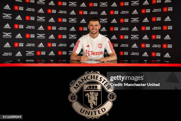 Mason Mount of Manchester United poses after signing for the club at Carrington Training Ground on July 05, 2023 in Manchester, England.