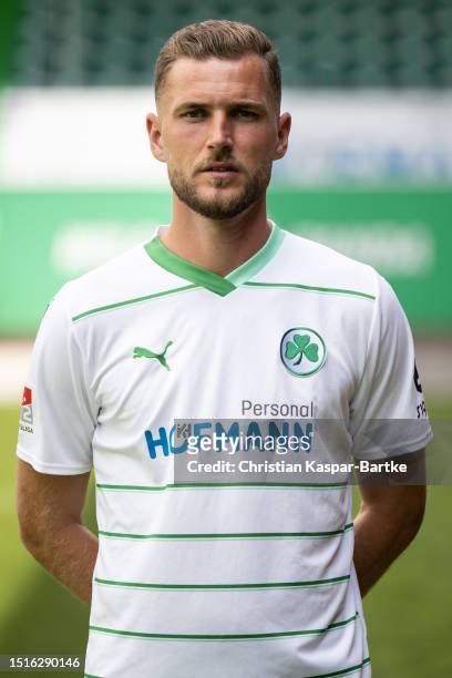 Dennis Srbeny of SpVgg Greuther Fürth poses during the team presentation at Sportpark Ronhof Thomas Sommer on July 04, 2023 in Fuerth, Germany.