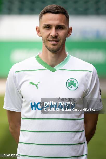 Branimir Hrgota of SpVgg Greuther Fürth poses during the team presentation at Sportpark Ronhof Thomas Sommer on July 04, 2023 in Fuerth, Germany.