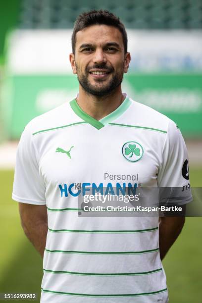 Oussama Haddadi of SpVgg Greuther Fürth poses during the team presentation at Sportpark Ronhof Thomas Sommer on July 04, 2023 in Fuerth, Germany.