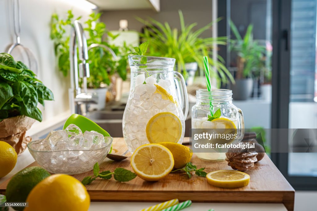 Lemonade preparation ingredients on kitchen counter