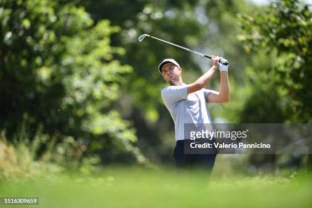 Ashley Chesters of England plays his first shot on the 12th hole during Day Four of the Italian Challenge Open at Golf Nazionale on July 9, 2023 in...