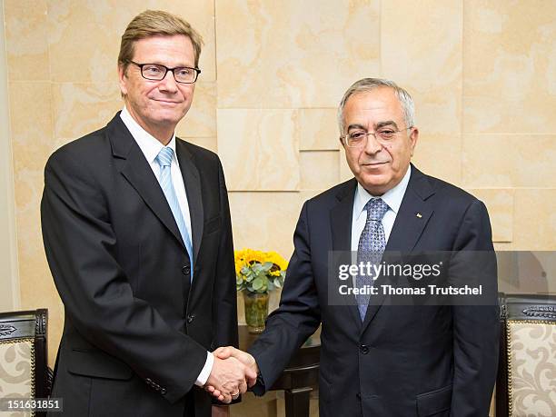 German Foreign Minister Guido Westerwelle and Palestinian Prime Minister Salam Fayyad during their meeting in the West Bank city of Ramallah....