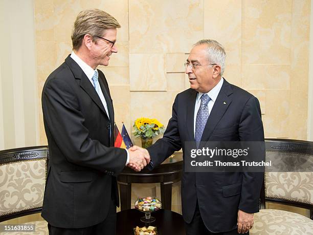 German Foreign Minister Guido Westerwelle and Palestinian Prime Minister Salam Fayyad during their meeting in the West Bank city of Ramallah....