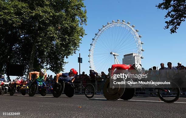 Masazumi Soejima of Japan, David Weir of Great Britain, Kurt Fearnley of Australia and Marcel Hug of Switzerland compete in the Mens T54 Marathon...