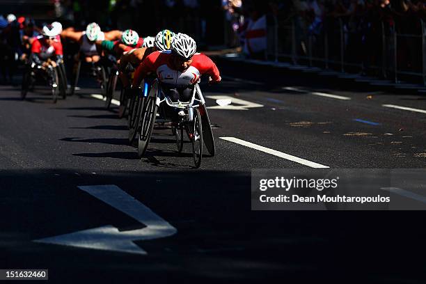 Masazumi Soejima of Japan competes in the Men's T54 Marathon on day 11 of the London 2012 Paralympic Games at Olympic Stadium on September 9, 2012 in...