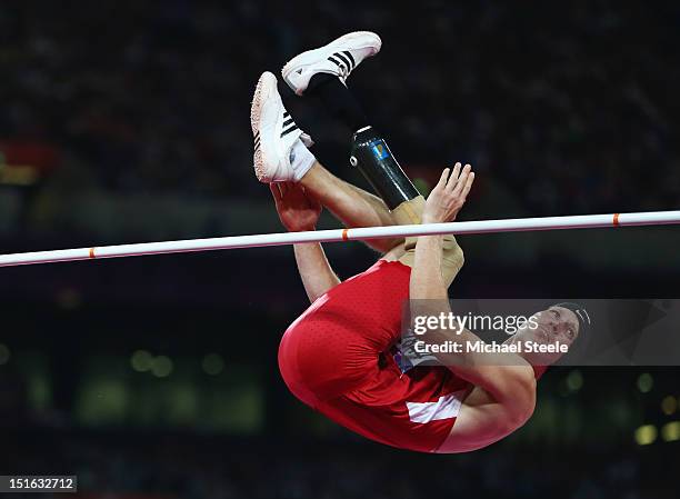 Jeff Skiba of the United States competes in the Men's High Jump F46 Final on day 10 of the London 2012 Paralympic Games at Olympic Stadium on...