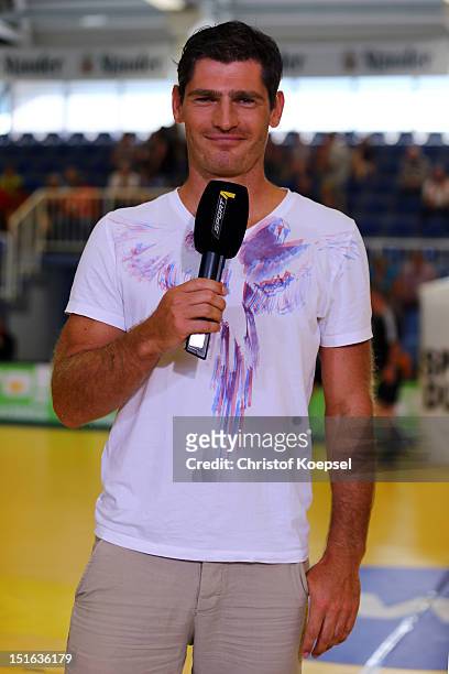 Henning Fritz, sport 1 television channel expert poses prior to the DKB Handball Bundesliga match between TUSEM Essen and Fueches Berlin at the...