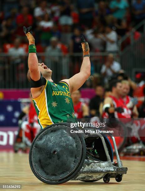 Ryley Batt of Australia celebrates winning the Gold Medal match of Mixed Wheelchair Rugby against Canada on day 11 of the London 2012 Paralympic...