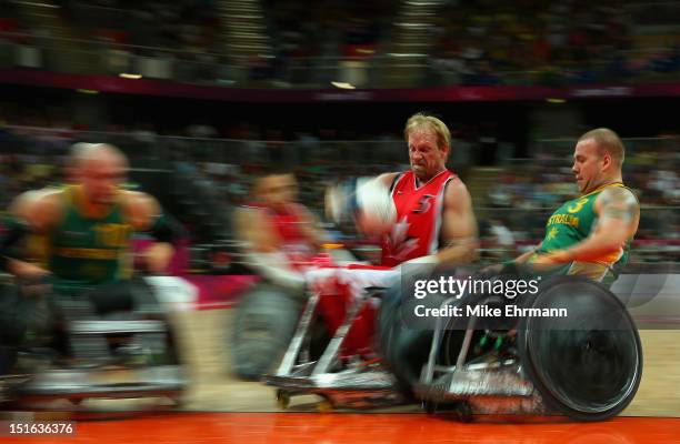 Garett Hickling of Canada in action during the Gold Medal match of Mixed Wheelchair Rugby against Australia on day 11 of the London 2012 Paralympic...