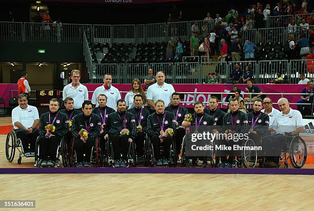 Members of the United States pose with the Bronze Medal during the Medal ceremony of Mixed Wheelchair Rugby against Canada on day 11 of the London...