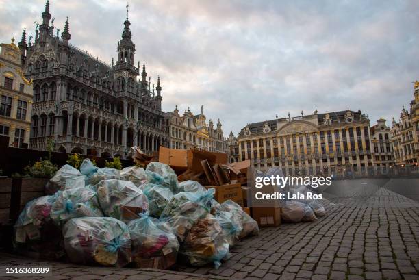 Rubbish bags left in the Grand-Place ahead of its collection, on July 3, 2023 in Brussels, Belgium. Refuse collection reforms were announced in April...