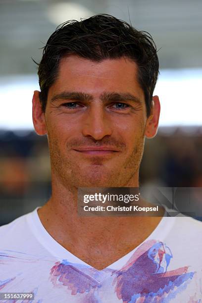 Henning Fritz, sport 1 television channel expert poses prior to the DKB Handball Bundesliga match between TUSEM Essen and Fueches Berlin at the...