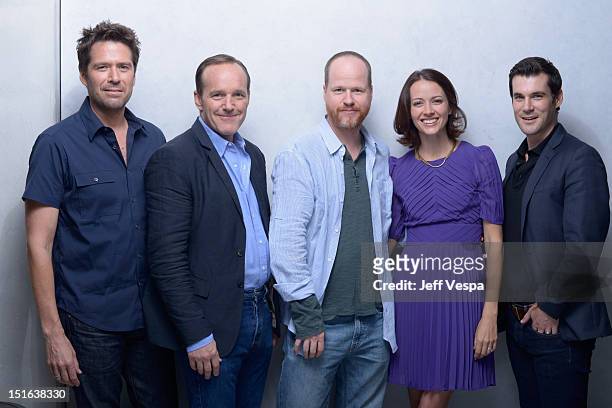 Actor Alexis Denisof, actor Clark Gregg, director Joss Whedon, actress Amy Acker and actor Sean Maher of "Much Ado About Nothing" pose at the Guess...