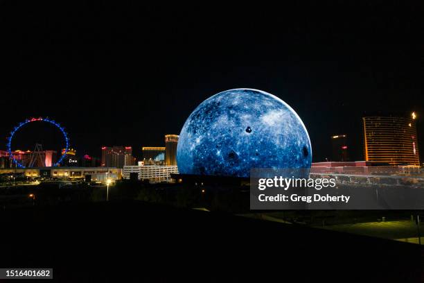 Sphere lights up for the first time in celebration of Independence Day on July 04, 2023 in Las Vegas, Nevada. The 366-foot-tall, 516-foot-wide venue,...