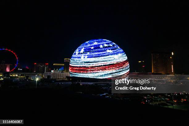 Sphere lights up for the first time in celebration of Independence Day on July 04, 2023 in Las Vegas, Nevada. The 366-foot-tall, 516-foot-wide venue,...