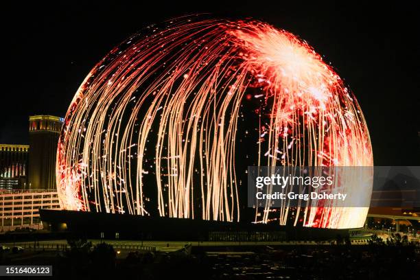 Sphere lights up for the first time in celebration of Independence Day on July 04, 2023 in Las Vegas, Nevada. The 366-foot-tall, 516-foot-wide venue,...