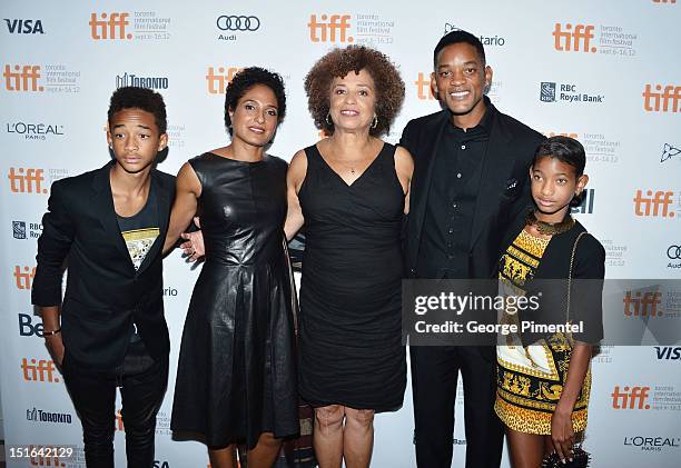 Jaden Smith, Shola Lynch, Angela Davis, Will Smith and Willow Smith attend the "Free Angela & All Political Prisoners" premiere during the 2012...