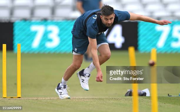 England bowler Mark Wood in bowling action during England nets ahead of the Third LV= Ashes Test Match at Headingley on July 05, 2023 in Leeds,...