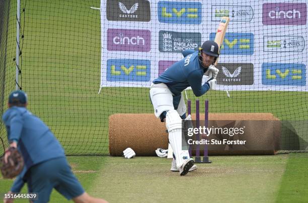 England captain Ben Stokes in batting action during England nets ahead of the Third LV= Ashes Test Match at Headingley on July 05, 2023 in Leeds,...