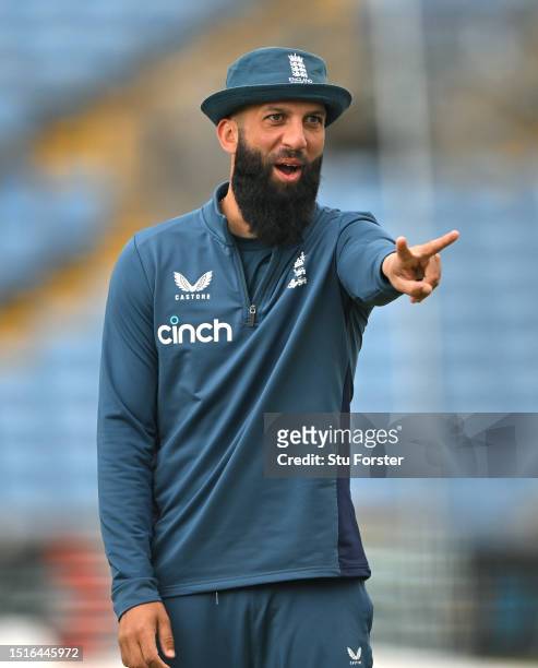 England player Moeen Ali smiles during England nets ahead of the Third LV= Ashes Test Match at Headingley on July 05, 2023 in Leeds, England.