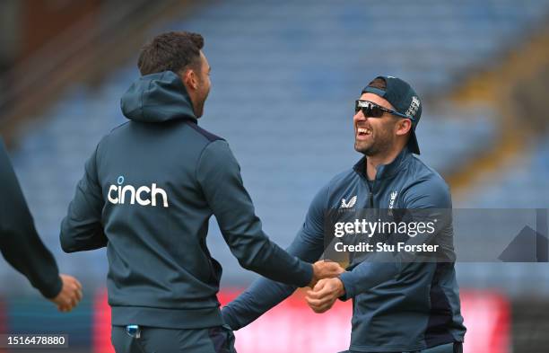 England bowler Mark Wood embraces James Anderson during England nets ahead of the Third LV= Ashes Test Match at Headingley on July 05, 2023 in Leeds,...