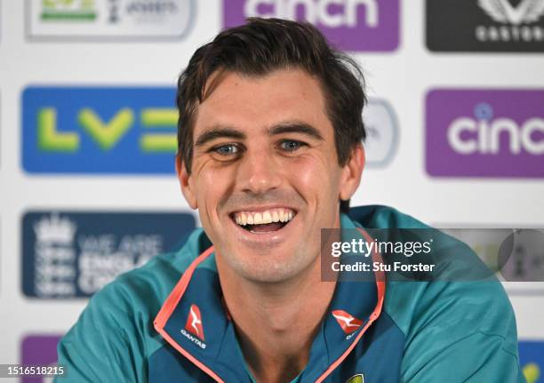 Australia captain Pat Cummins speaks to the media during Australia nets ahead of the 3rd LV= Ashes Test match at Headingley on July 05, 2023 in...