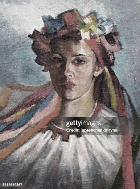 illustrazioni stock, clip art, cartoni animati e icone di tendenza di illustrazione opera d'arte pittura ad olio ritratto di una ragazza ucraina in vestiti nazionali - pittura ad olio