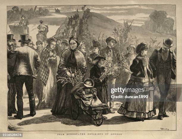 crowd of people on palm sunday on the outskirts of london, 1870s, 19th century, victorian social history - sunday best 幅插畫檔、美工圖案、卡通及圖標