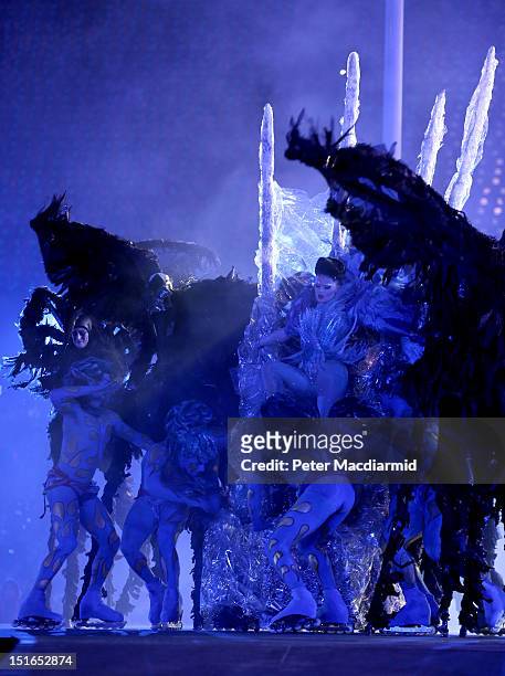 Performers on skates enter the closing ceremony on day 11 of the London 2012 Paralympic Games at Olympic Stadium on September 9, 2012 in London,...