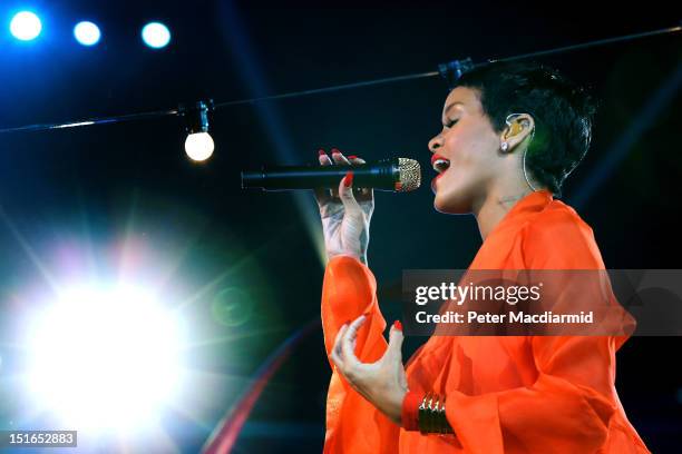Singer Rihanna performs during the closing ceremony on day 11 of the London 2012 Paralympic Games at Olympic Stadium on September 9, 2012 in London,...