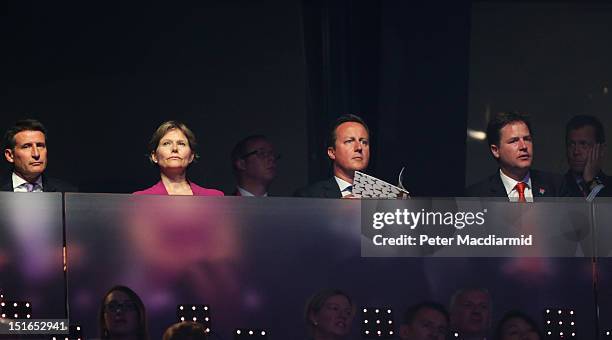 Chairman Lord Sebastian Coe, his wife Carole Annett, Prime Minister David Cameron and Deputy Prime Minister Nick Clegg look on during the closing...