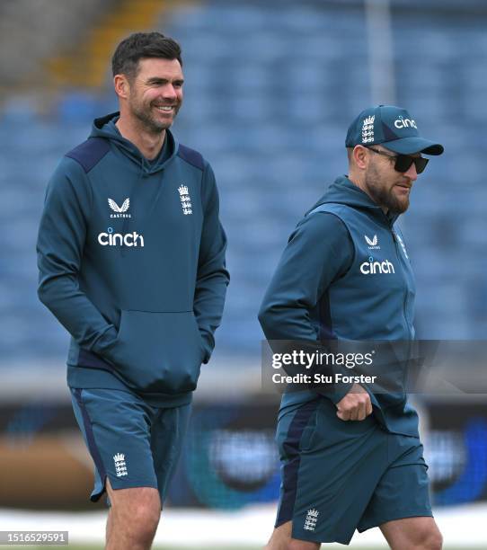 England coach Brendon McCullum with James Anderson during England nets ahead of the Third LV= Ashes Test Match at Headingley on July 05, 2023 in...