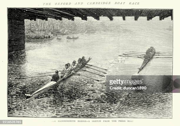 passing under hammersmith bridge during the 29th oxford and cambridge university boat race of 1872, during a snow storm, cambridge in the lead - oxford england stock illustrations