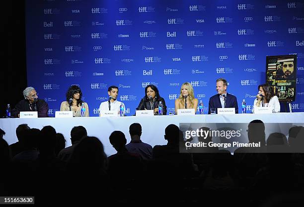 Moderator Henri Behar, producer Ami Boghani, actor Riz Ahmed, director Mira Nair, actress Kate Hudson, actor Kiefer Sutherland and producer Lydia...