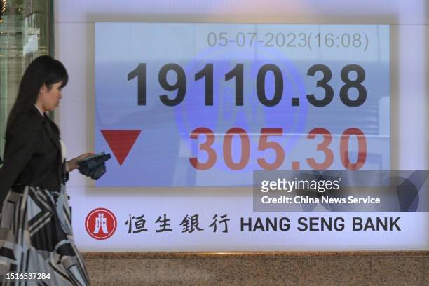 Pedestrian walks by an electronic screen displaying the numbers for the Hang Seng Index on July 5, 2023 in Hong Kong, China.