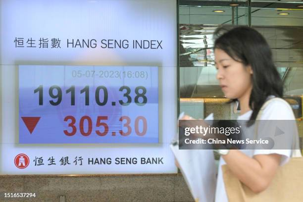 Pedestrian walks by an electronic screen displaying the numbers for the Hang Seng Index on July 5, 2023 in Hong Kong, China.