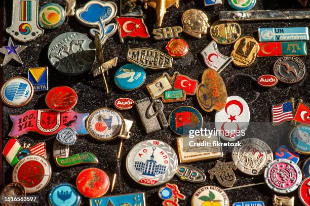 turkish flag and political party badges - souvenir collection stock pictures, royalty-free photos & images