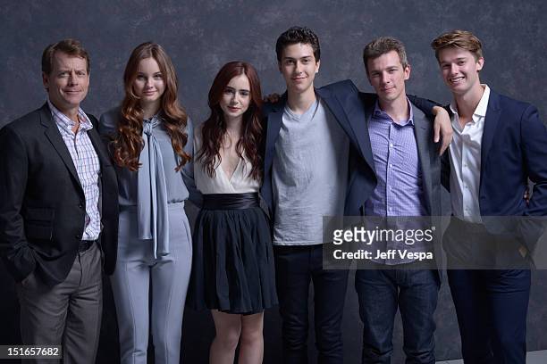 Actors Greg Kinnear, Liana Liberato, Lily Collins, Nat Wolff, director Josh Boone and actor Patrick Schwarzenegger of "Writers" pose at the Guess...