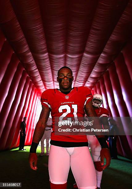 Cornerback Patrick Peterson of the Arizona Cardinals prepares to take the field before the season opener against the Seattle Seahawks at the...