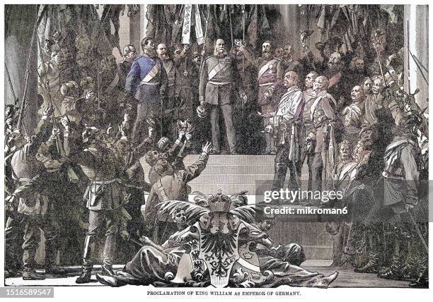 old engraving illustration of proclamation of king william i, german emperor - mitte stock pictures, royalty-free photos & images