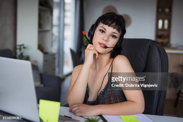 girl working with headset on - girl power stickers stock pictures, royalty-free photos & images