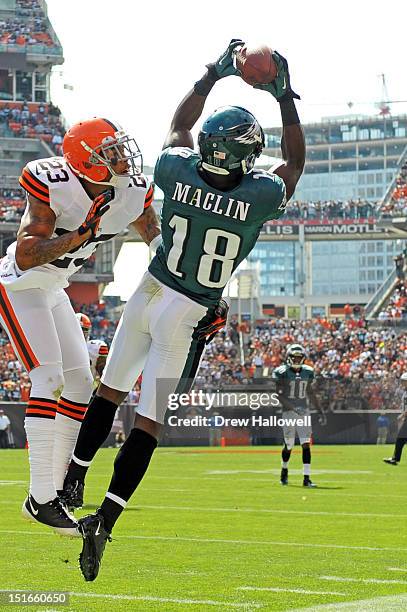 Jeremy Maclin of the Philadelphia Eagles catches a pass over Joe Haden of the Cleveland Browns, but lands out of bounds at Cleveland Browns Stadium...