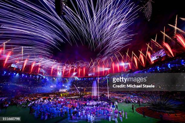 Fireworks light up the stadium during the closing ceremony on day 11 of the London 2012 Paralympic Games at Olympic Stadium on September 9, 2012 in...