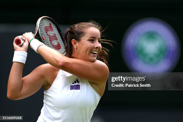 Jodie Burrage of Great Britain plays a backhand against Daria Kasatkina in the Women's Singles second round match during day three of The...