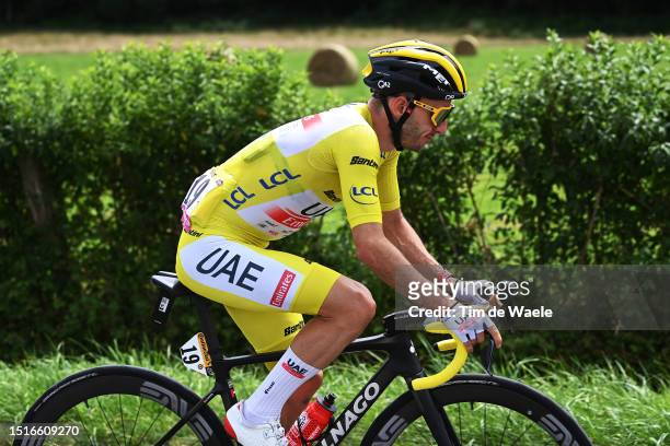 Adam Yates of United Kingdom and UAE Team Emirates - Yellow leader jersey competes during the stage five of the 110th Tour de France 2023 a 162.7km...