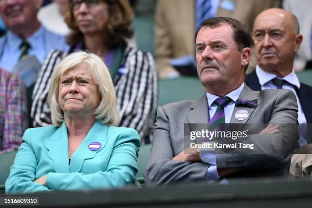 Sue Barker and Philip Brook attend day three of the Wimbledon Tennis Championships at All England Lawn Tennis and Croquet Club on July 05, 2023 in...