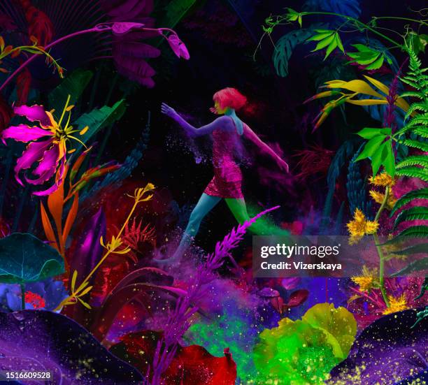 running time in surreal night jungle - mystical flowers stock pictures, royalty-free photos & images